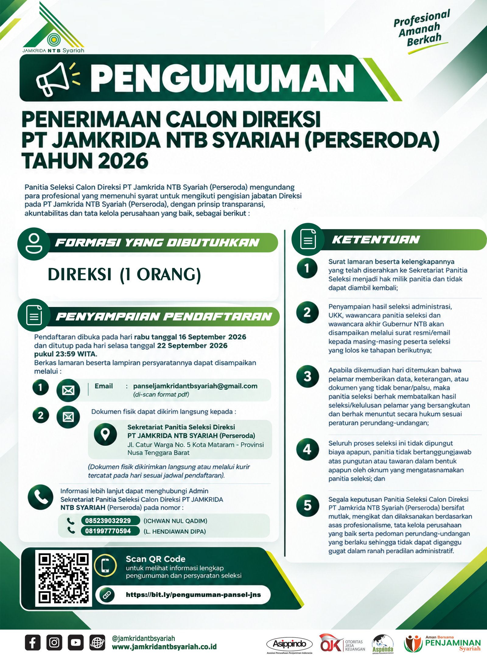 Pengumuman Penerimaan Calon Direksi PT Jamkrida NTB Syariah Tahun 2026